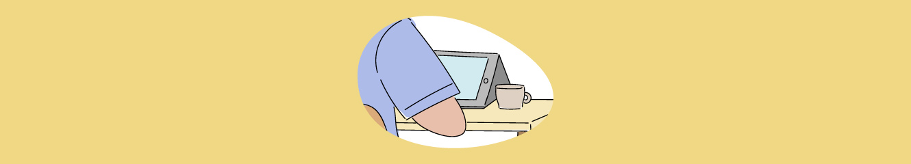 llustration einer Person, die an einem Tisch sitzt, auf dem ein Tablet und eine Tasse steht
