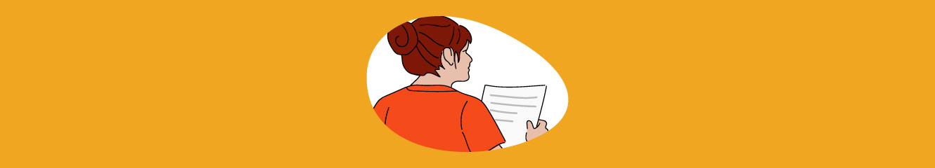 Illustration einer Frau, die ein Papier in der Hand hält