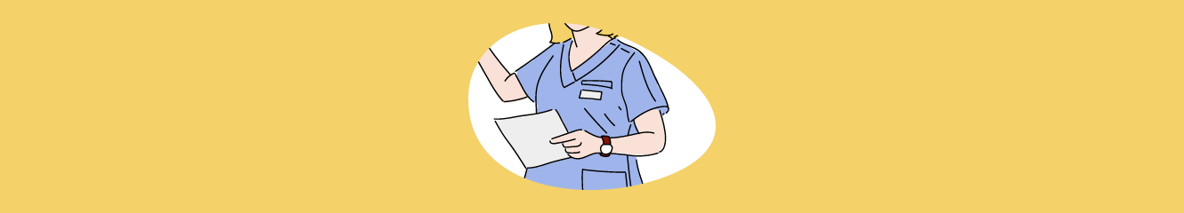 Illustration einer Person, die einen blauen Kasack trägt und ein Papier in der Hand hält