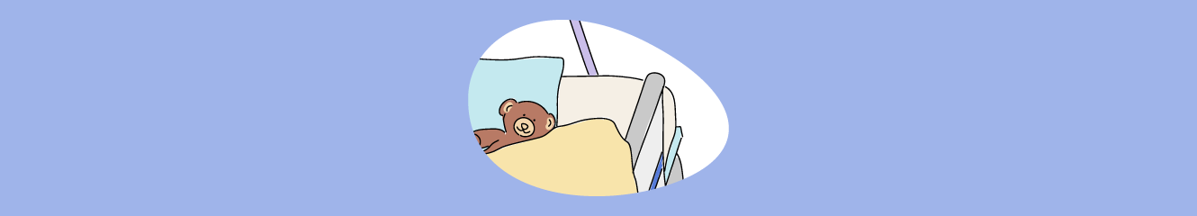 Illustration eines Krankenhausbettes mit einem Teddybär