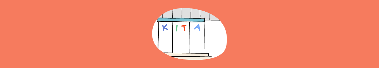 Illustration eines Gebäudes mit der Aufschrift Kita