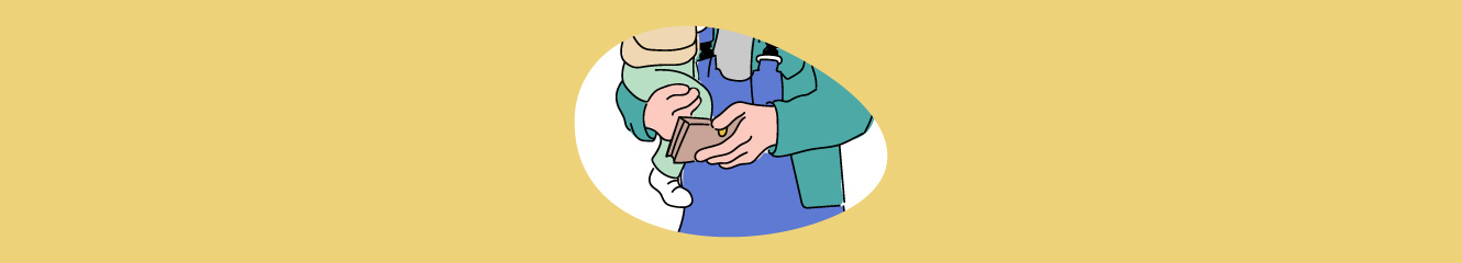 Illustration eines Mannes, der ein Kind und ein Portemonnaie hält