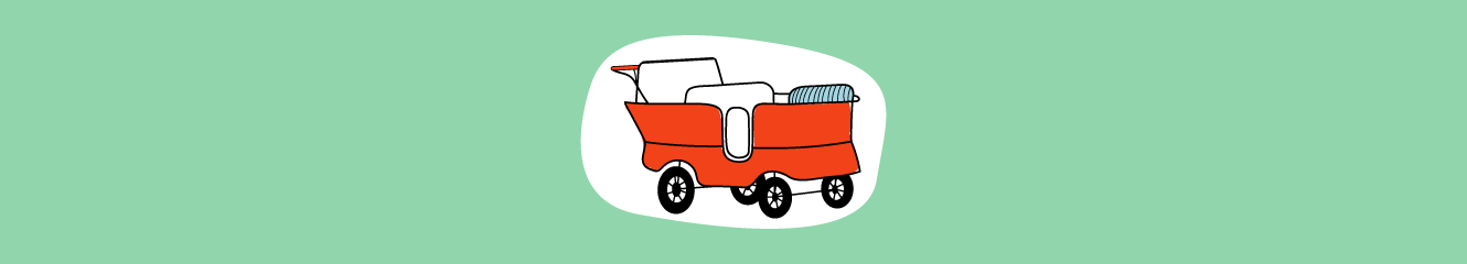 Illustration einer Erzieherin, die einen Wagen mit kleinen Kindern schiebt. Im Hintergrund ist eine Kita zu sehen.