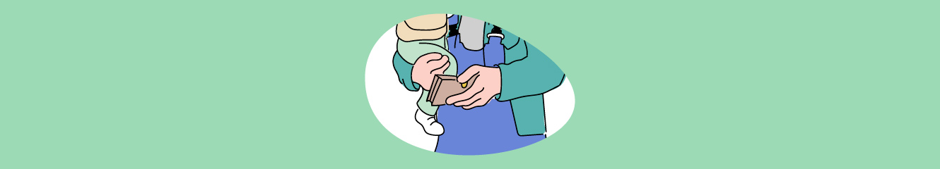 Illustration eines Vaters, der ein Kind und ein Portemonnaie in der Hand hält