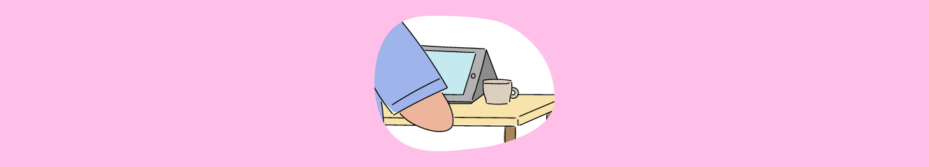 Illustration einer Person, die an einem Tisch sitzt, auf dem ein Tablet und eine Tasse steht