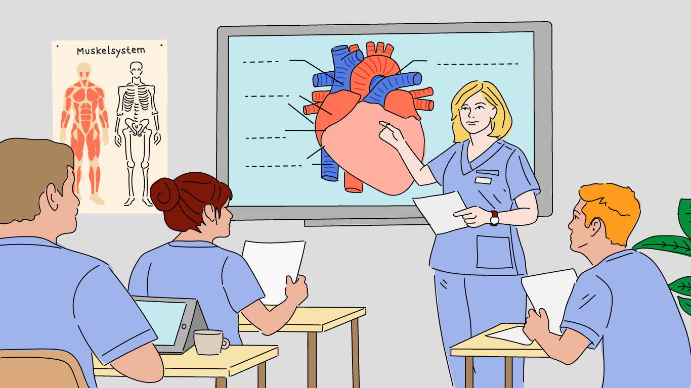 Illustration, die eine Unterrichtssituation zeigt, bei der medizinisches Personal geschult wird.