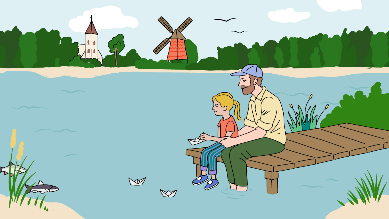 Ein Mann sitzt mit seiner Tochter auf einem Steg am See.