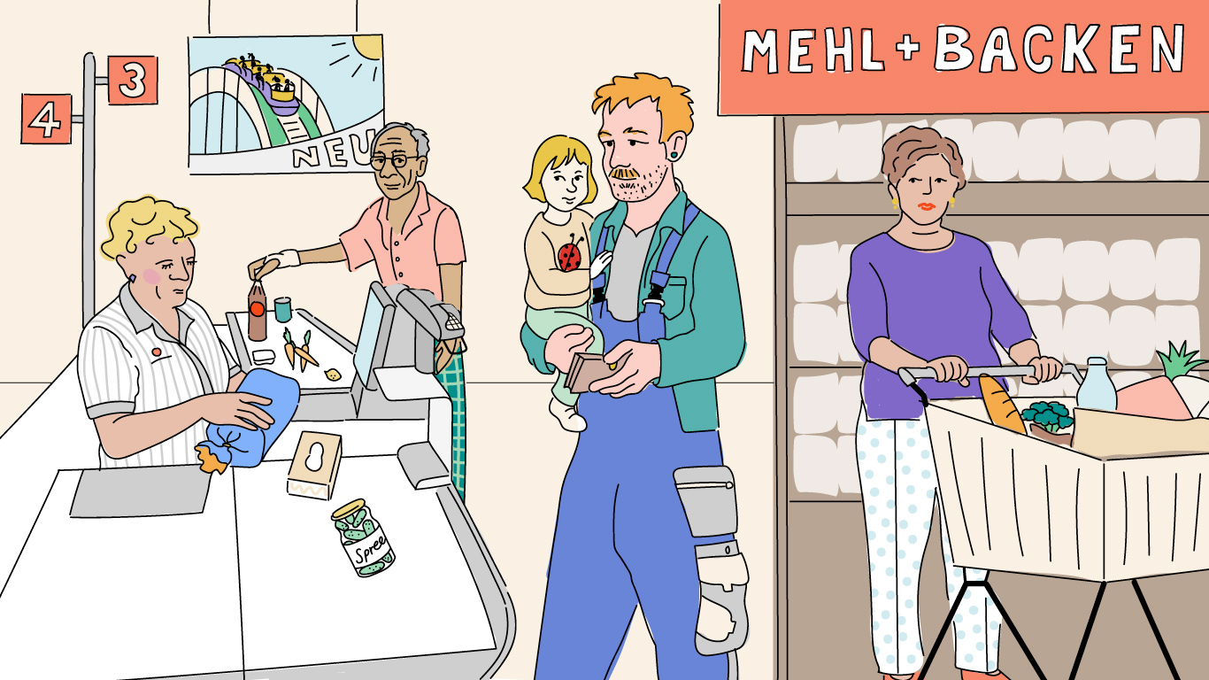 Illustration eines Supermarkts, in dem sich mehrere Personen beim Einkaufen befinden.