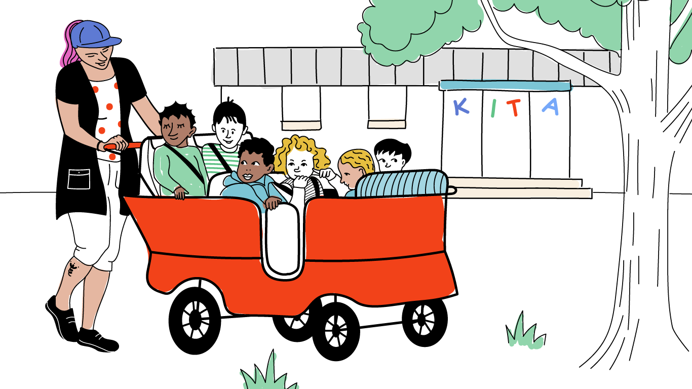 Illustration einer Erzieherin, die einen Wagen mit kleinen Kindern schiebt. Im Hintergrund ist eine Kita zu sehen.