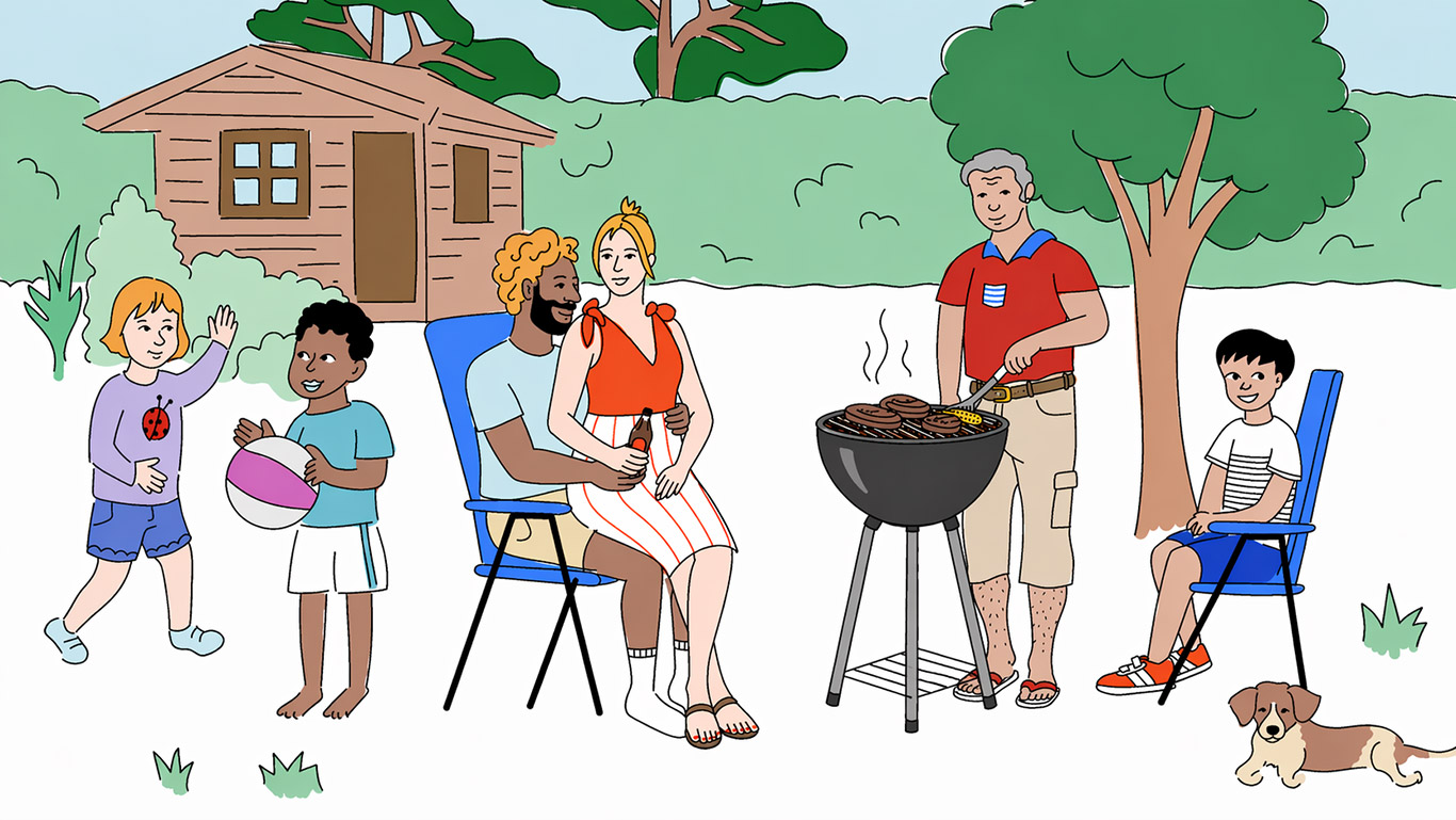 Illustration von mehreren Personen und Kindern in einem Garten.
