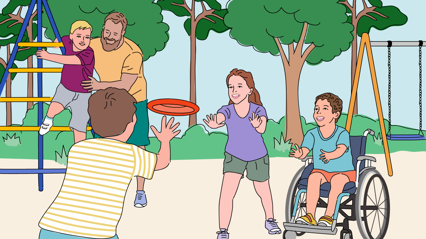 Illustration von mehreren Kindern mit und ohne Behinderung auf einem Spielplatz