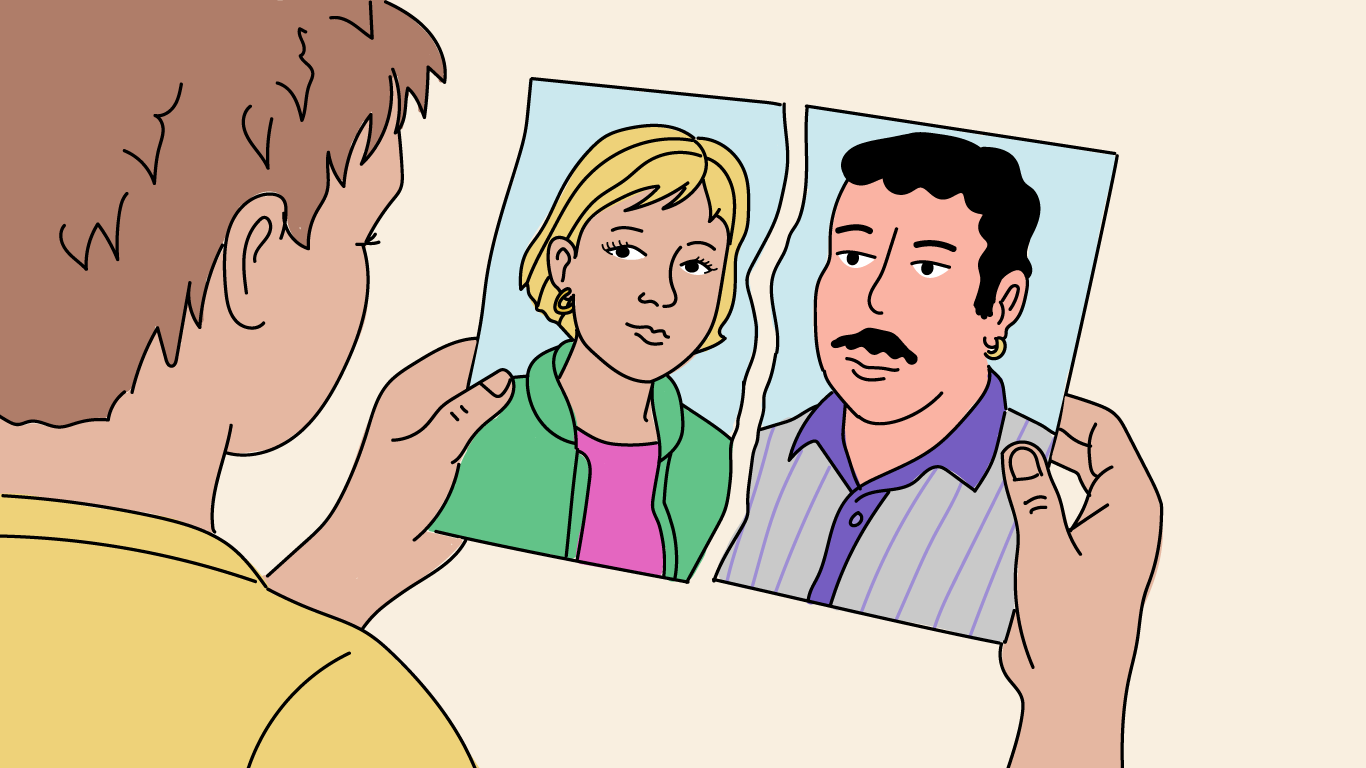 Illustration eines Jungen, der ein zerrissenes Foto von zwei Menschen hält