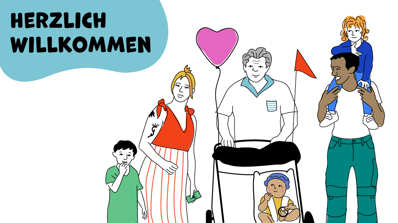 Illustration einer Familie. Darüber steht: Herzlich Willkommen