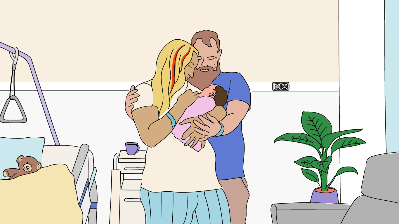 Illustration einer Familie mit einem Baby nach der Geburt in einem Krankenhauszimmer