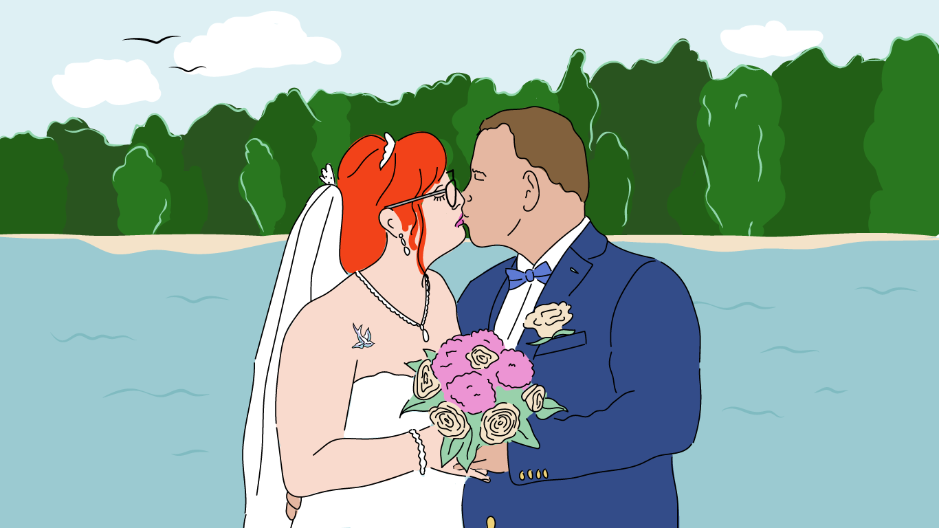 Illustration eines Brautpaars, das sich küsst.