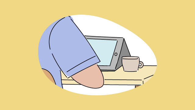 Illustration einer Person, die an einem Tisch sitzt, auf dem ein Tablet und eine Tasse steht