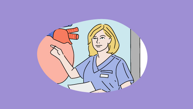 Illustration einer Frau im Kasack, die auf die Abbildung eines Herzens zeigt