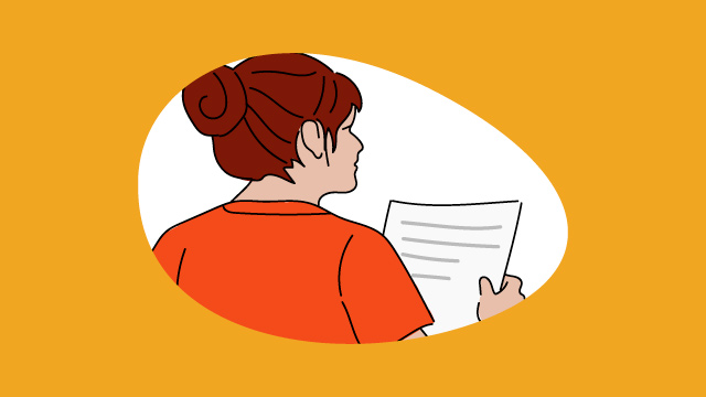 Illustration einer Frau, die ein Papier in der Hand hält