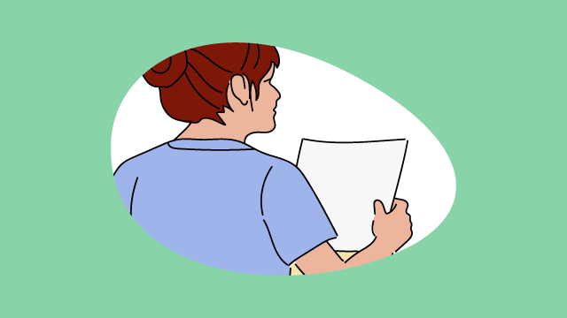 Illustration einer Frau, die ein Papier in der Hand hält