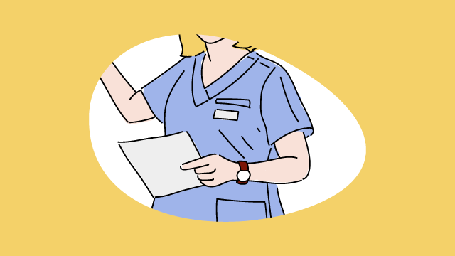 Illustration einer Person, die einen blauen Kasack trägt und ein Papier in der Hand hält