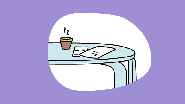 Illustration eines Tischs, auf dem sich ein Stapel Papiere und eine Tasse Kaffee befinden