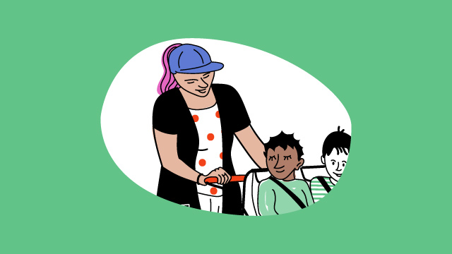 Illustratation einer Frau, die einen Kinderwagen schiebt
