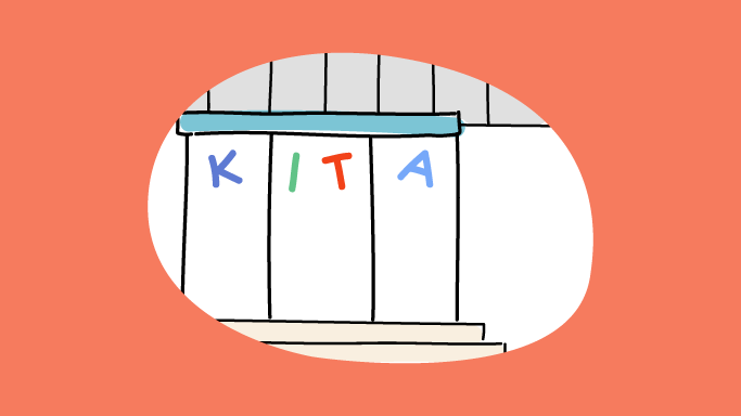 Illustration eines Gebäudes mit der Aufschrift Kita