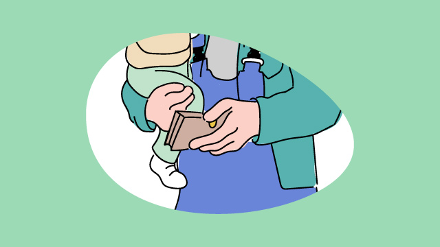 Illustration eines Vaters, der ein Kind und ein Portemonnaie in der Hand hält