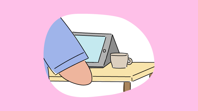 llustration einer Person, die an einem Tisch sitzt, auf dem ein Tablet und eine Tasse steht