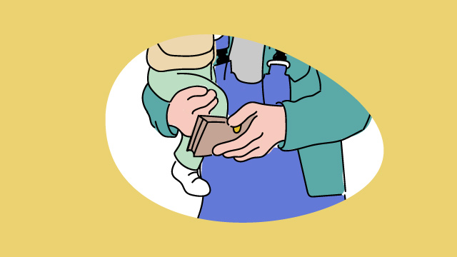 Illustration eines Vaters, der ein Kind und ein Portemonnaie hält